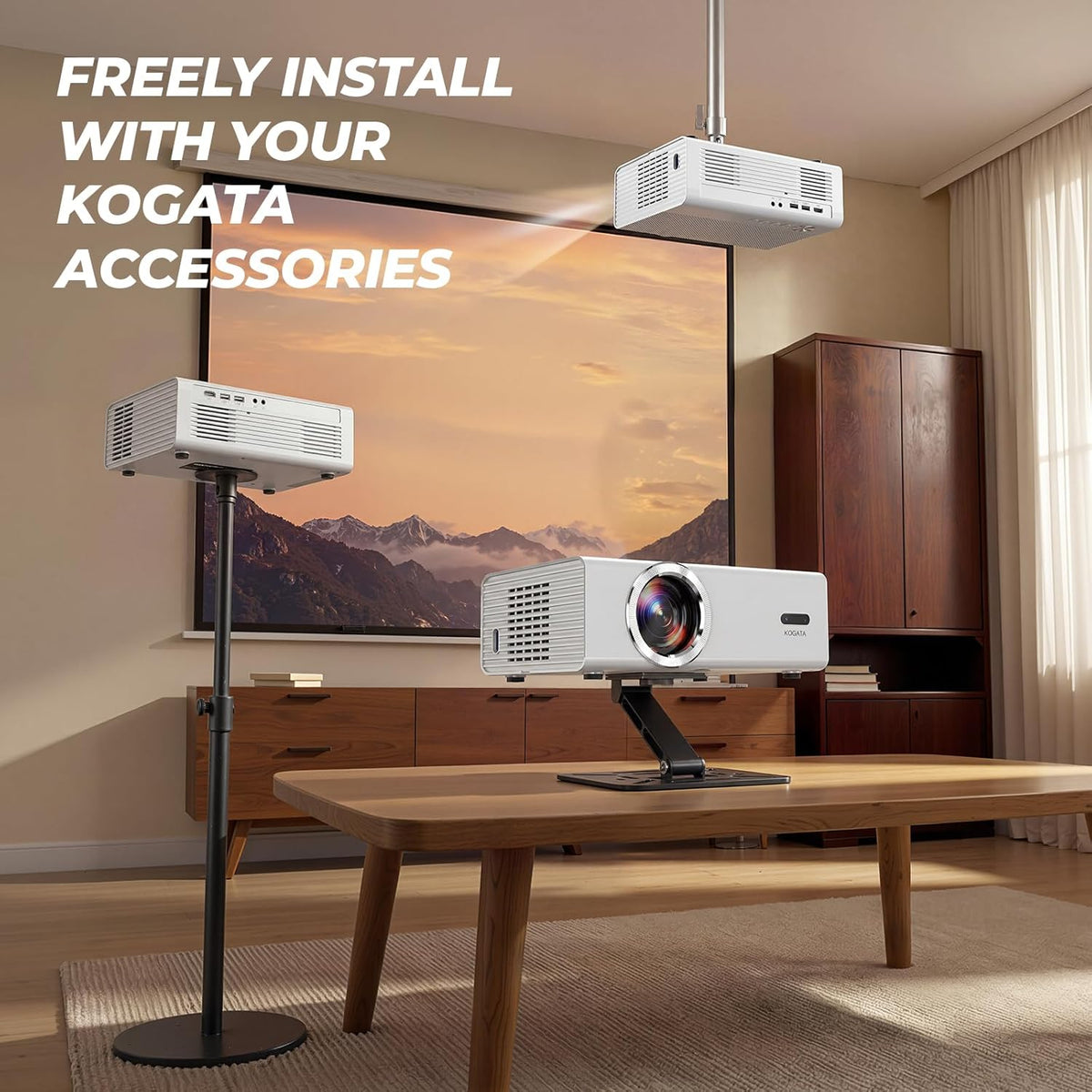 Smart Projector with Wifi and Bluetooth, Proyector-4K with Official Apps, AI Auto Focus 50W Dolby Quiet, Indoor Outdoor Projector Ceiling for Bedroom, Backyard, Camping