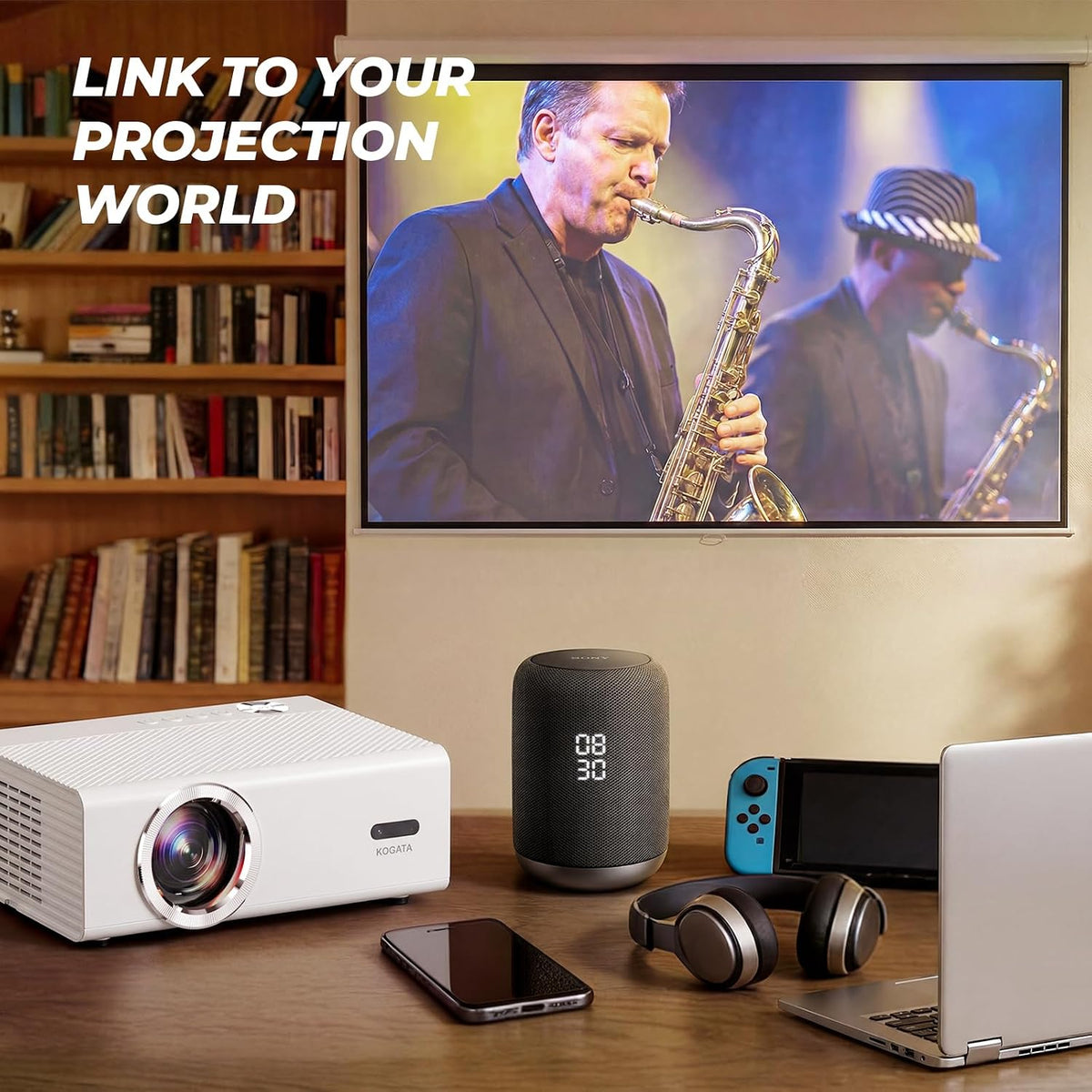 Smart Projector with Wifi and Bluetooth, Proyector-4K with Official Apps, AI Auto Focus 50W Dolby Quiet,  Indoor Outdoor Projector Ceiling for Bedroom, Backyard, Camping