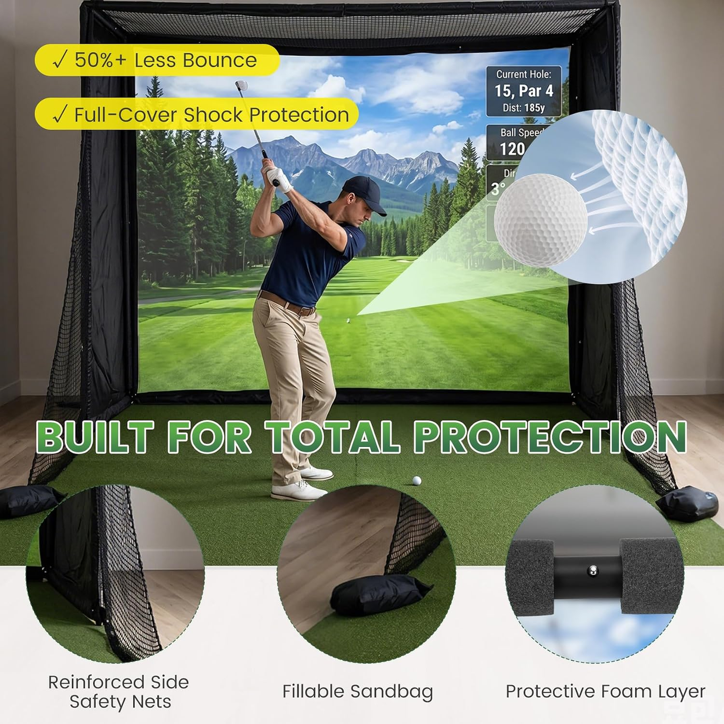 Golf Simulator Impact Screen, 4Mm Thick HD Golf Impact Screen for Indoor Outdoor Practice, Reinforced Grommets for Extended Lifespan, Quiet Impact Polyester Mesh Fabric, Storage Bag Included