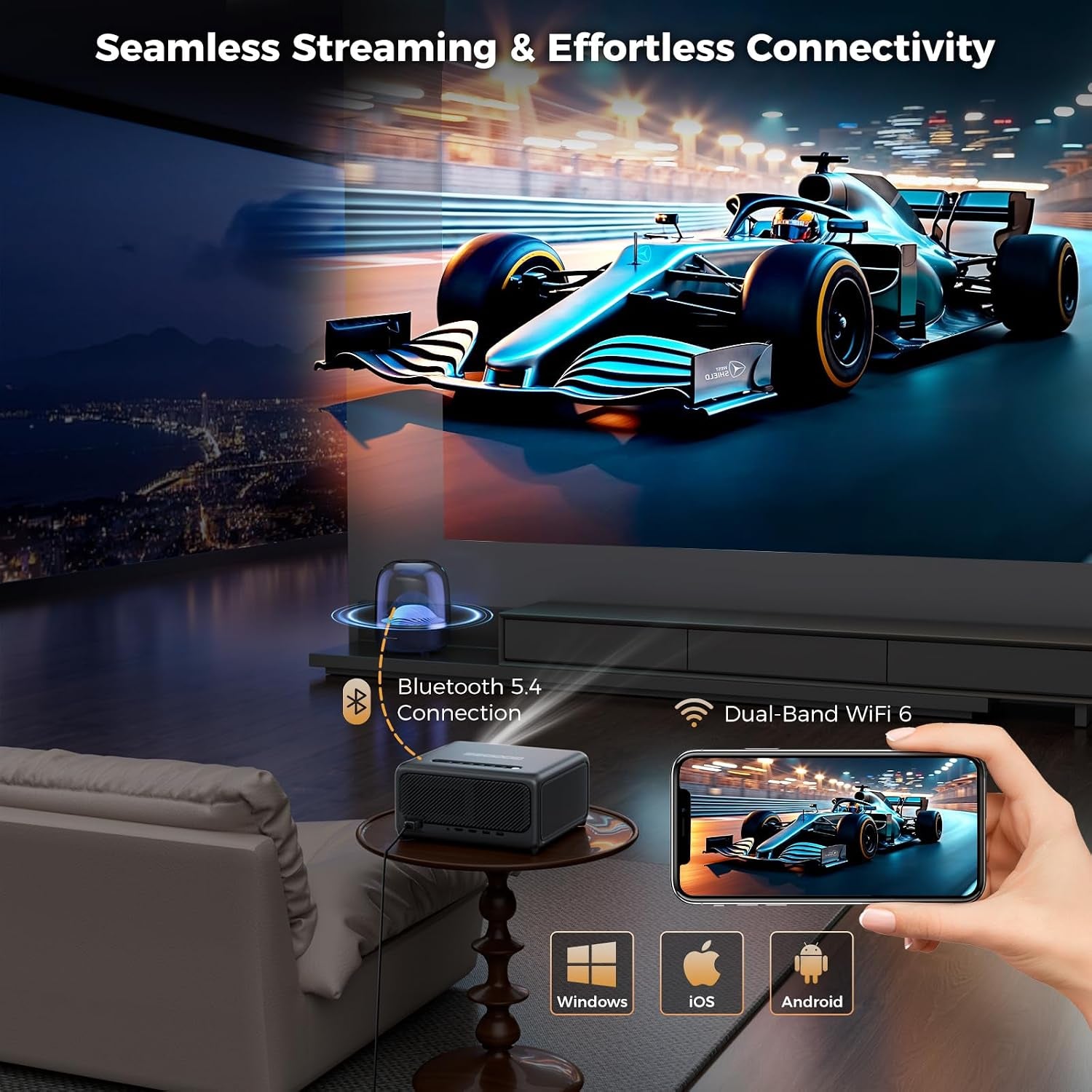 4K Smart Projector with 5G Wifi 6 & Bluetooth, Tof AI Auto Focus
