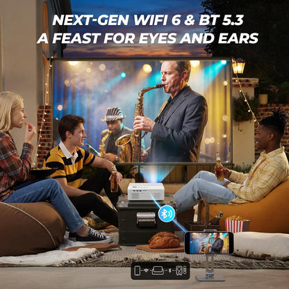 Smart Projector with Wifi and Bluetooth, Proyector-4K with Official Apps, AI Auto Focus 50W Dolby Quiet,  Indoor Outdoor Projector Ceiling for Bedroom, Backyard, Camping
