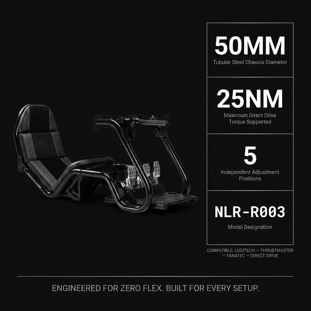 Racing Simulator Cockpit Built to Support Direct Drive Wheels, Tubular Steel Frame, 25NM Compatibility, GT/Formula