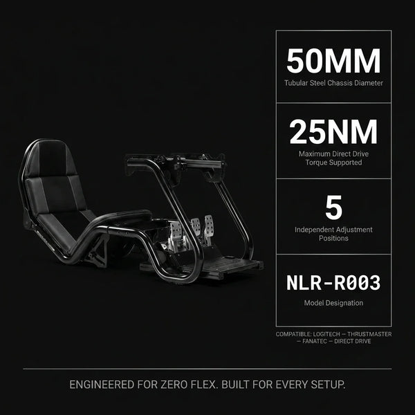 Racing Simulator Cockpit Built to Support Direct Drive Wheels, Tubular Steel Frame, 25NM Compatibility, GT/Formula